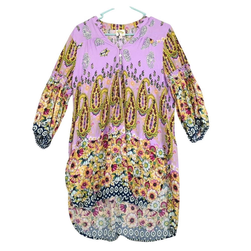 Anthropologie Fig & Flower Purple Paisley Floral Tunic Blouse Womens S High Low